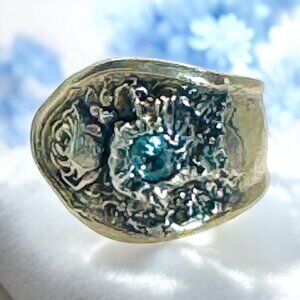 Vintage Oneida Reliance Plate Spoon Ring W Aquamarine & Artisan Boho Metalwork